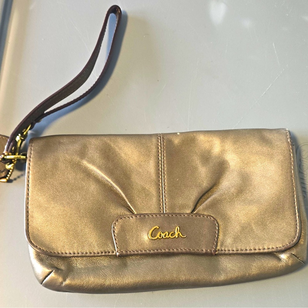 Coach Women's Bronze Solid Logo Zip Wristlet Wallet w/ Wrist Strap, Credit Card
